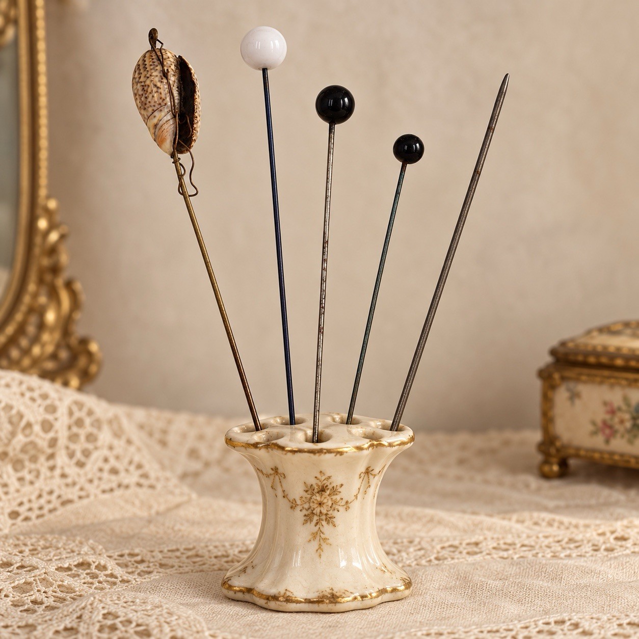 Antique Edwardian Hatpin Lot 5 Cowrie Shell Black White Bead Long Pins