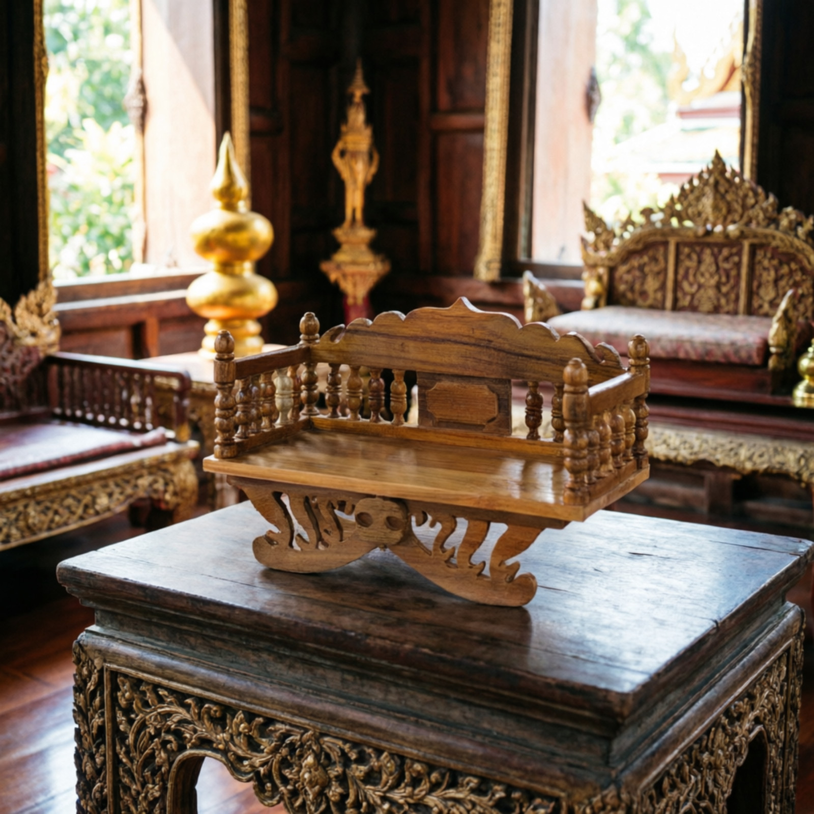 Teak Wood Buddhist Altar Tray 7x12 Inches, Handcrafted Wooden Shrine Table