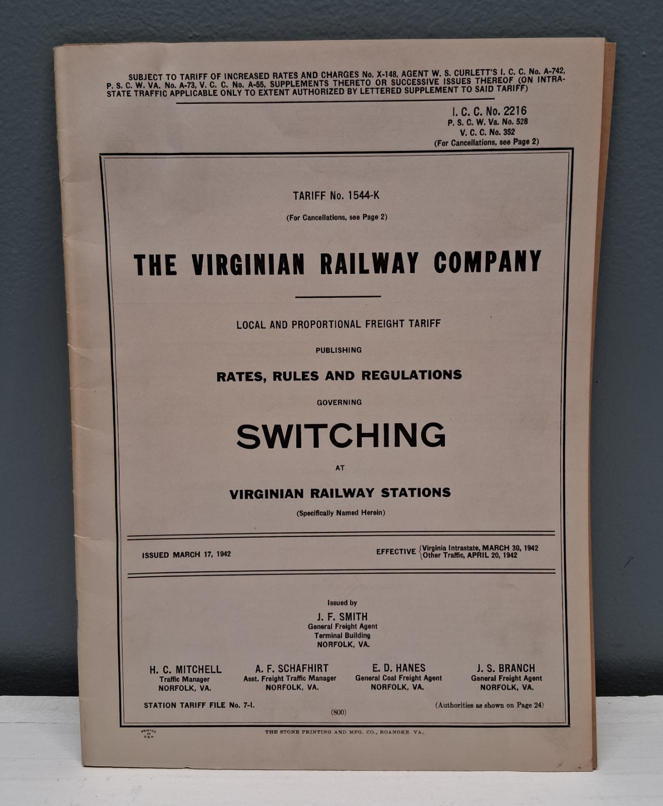 Vintage 1942 Virginian Railway Company Switching Rates/Rules/Regulations Booklet Vintage 1942 Virginian Railway Company Switching Rates/Rules/Regulations Booklet