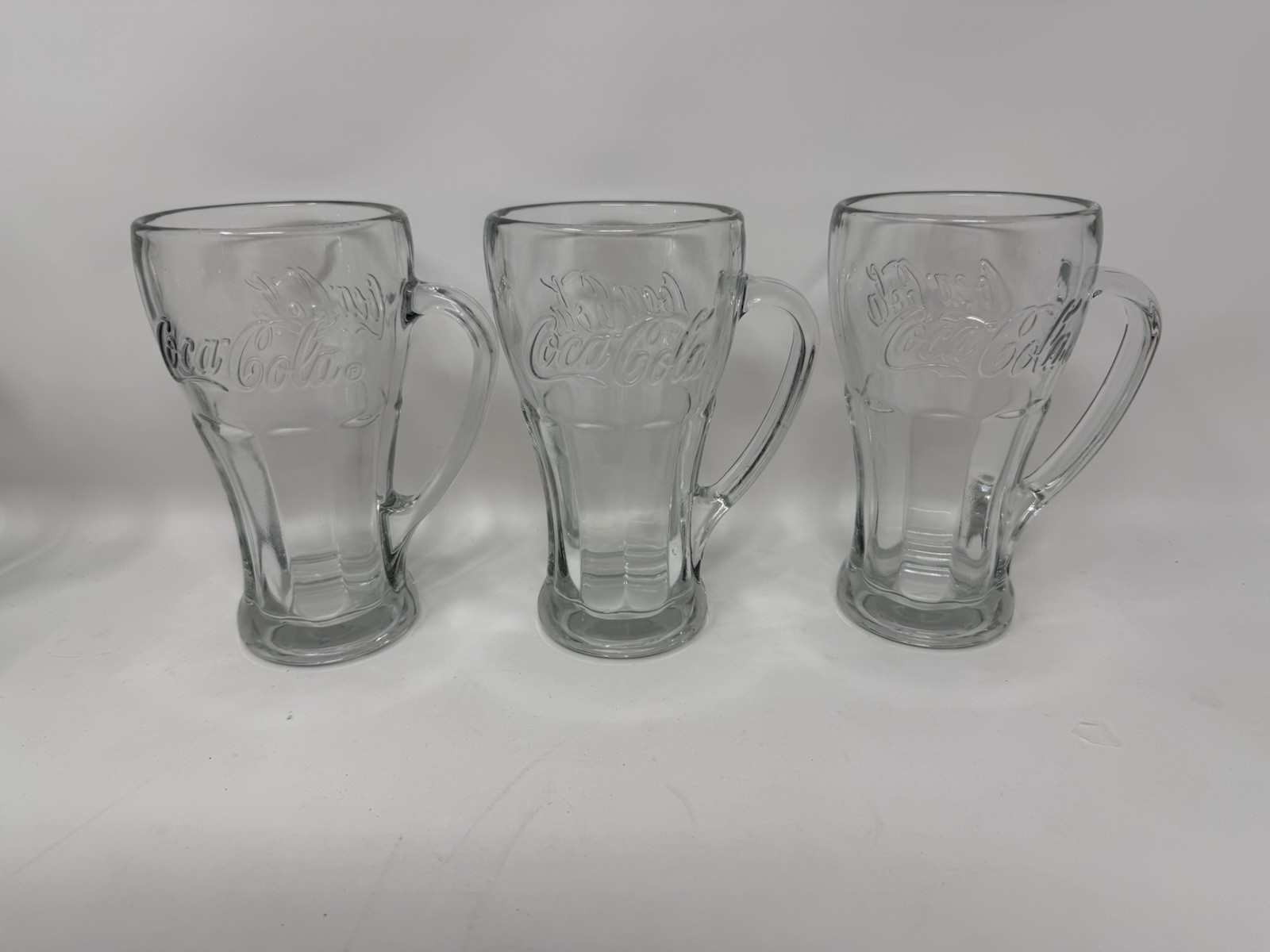 LIBBEY Vtg. 3-Lot Coca-Cola Round Top Thick Clear 14 oz. Glass Mugs w/ Handle