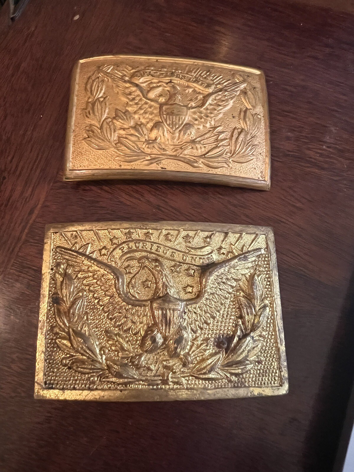 Two Vintage/Antique US Military E Pluribus Unum Eagle Belt Buckles Gold Gilt