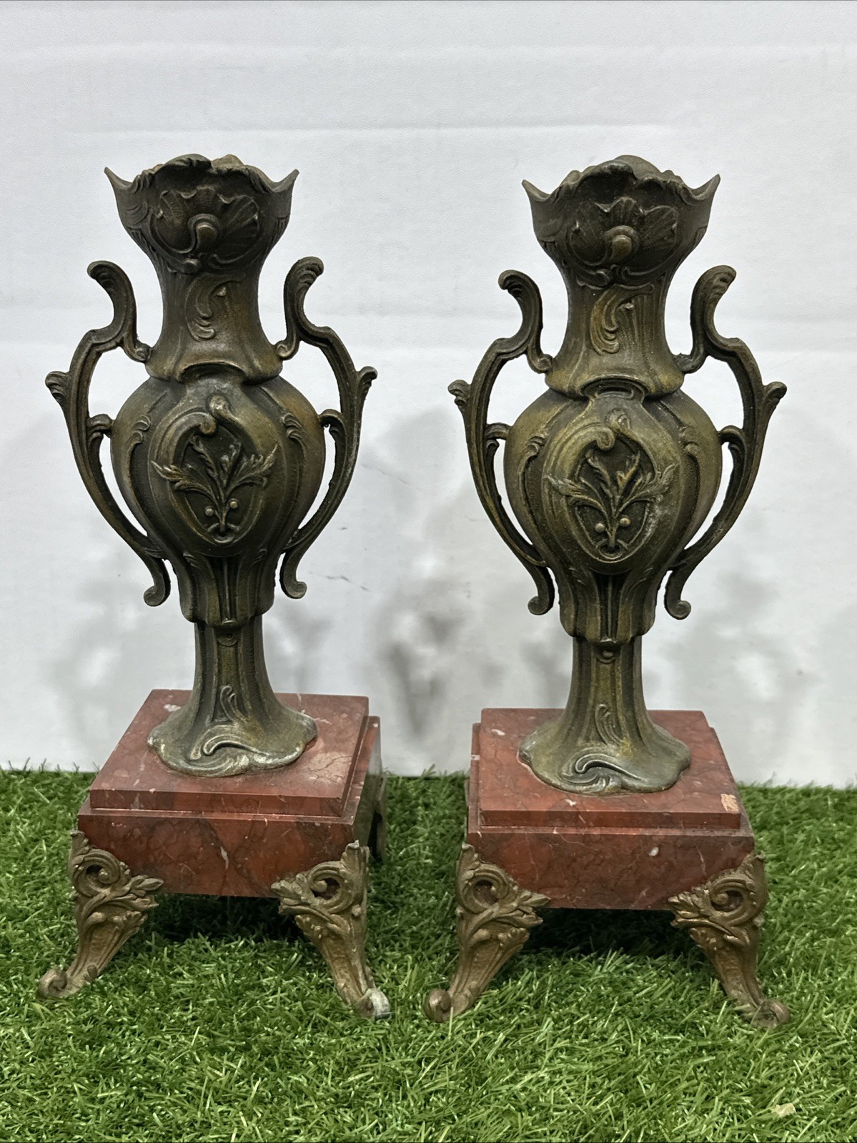 Vintage Spelter Candle Vases Art Nouveau Marble Base 11” 1890-1910