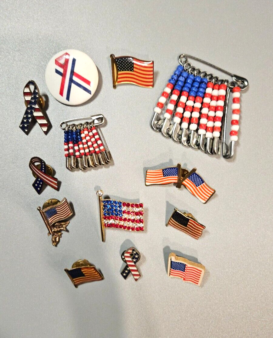 Lot of 13 Patriotic USA Flag 4th of July Pins Vintage to Now