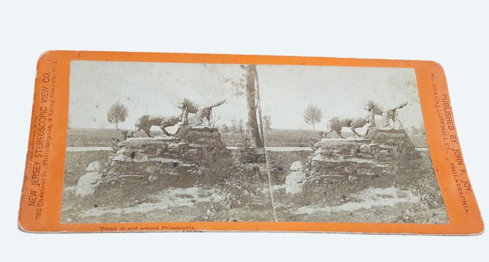Antique New Jersey Stereoscopic View Co. John F. Joy Wolves Statue Philadelphia