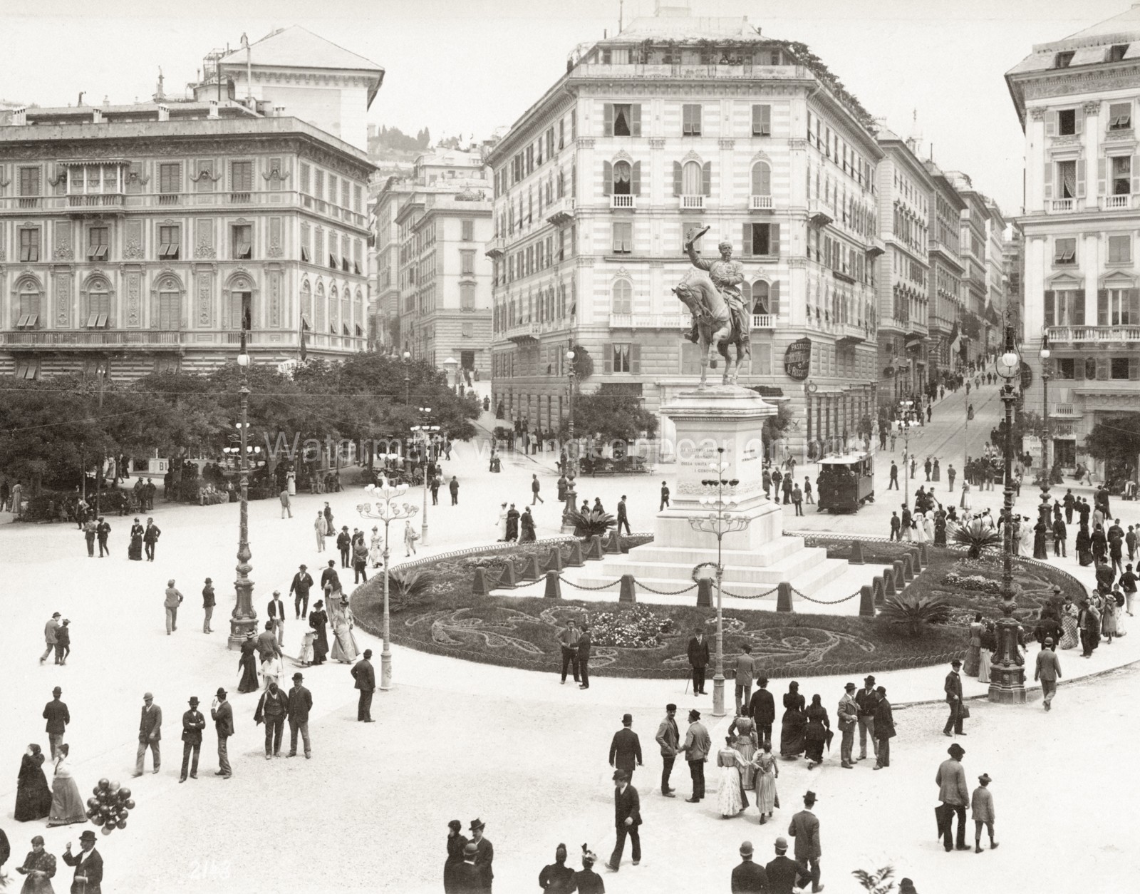 Genoa Italy Piazza Corvetto Equestrian Statue Street Scene Vtg. Photo 19thC.
