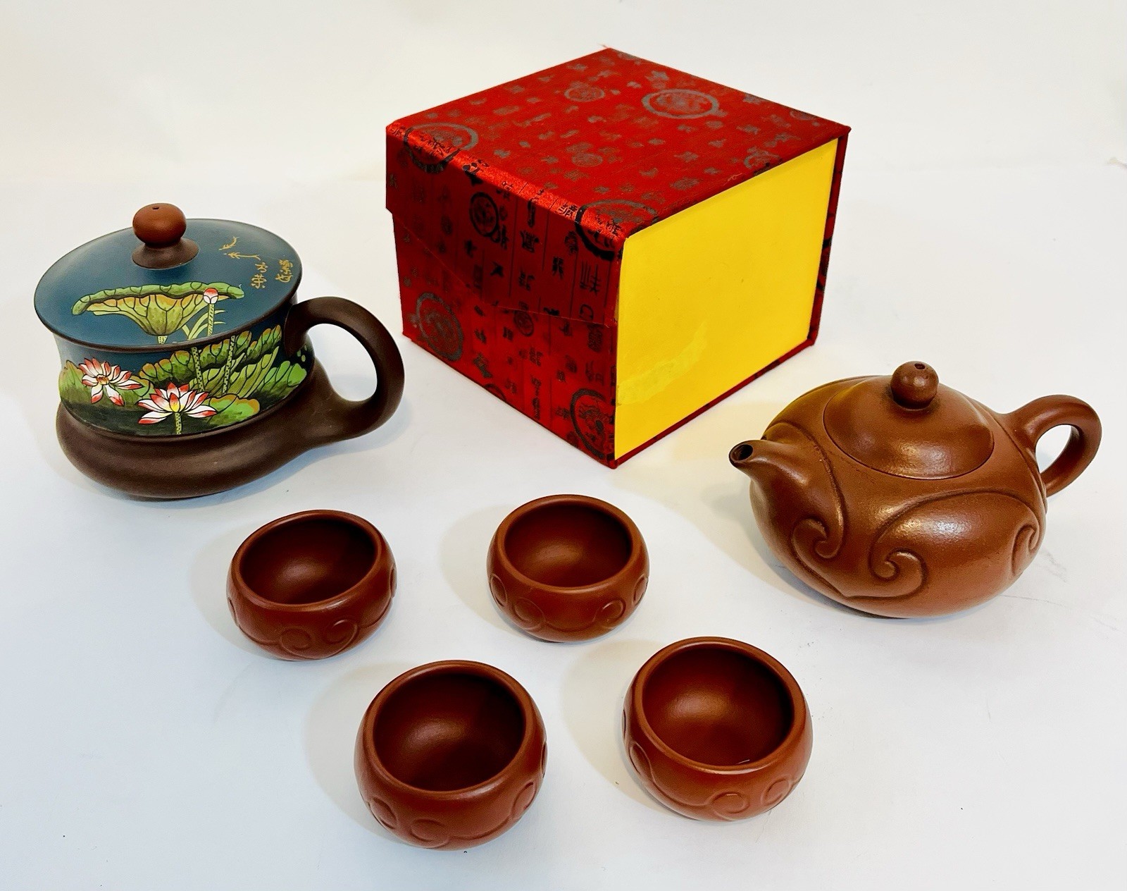 Fine Old Chinese Yixing Zisha Clay Teapot Tea Set Warmer Cups + Lotus Mug Signed