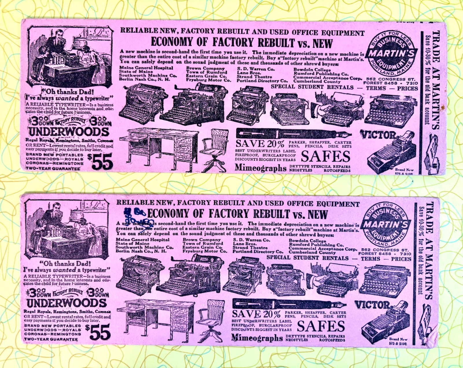 Lot of 2 Vintage Martin's Business Equipment Portland ME Advertising Blotters