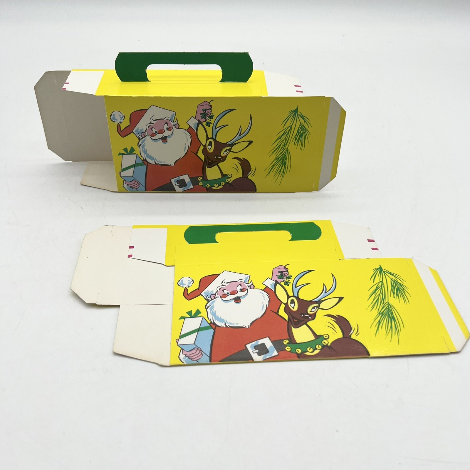 2-Vtg 50s 60s Merry Christmas Santa's Deer Paper Fold Gift Candy Boxes w/ Handle