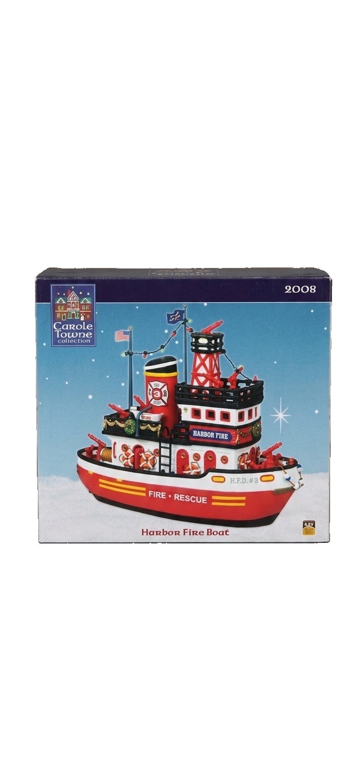 RARE VTG 2008 LEMAX Carole Towne Harbor Fire Rescue Boat Light Up w Box & Cables