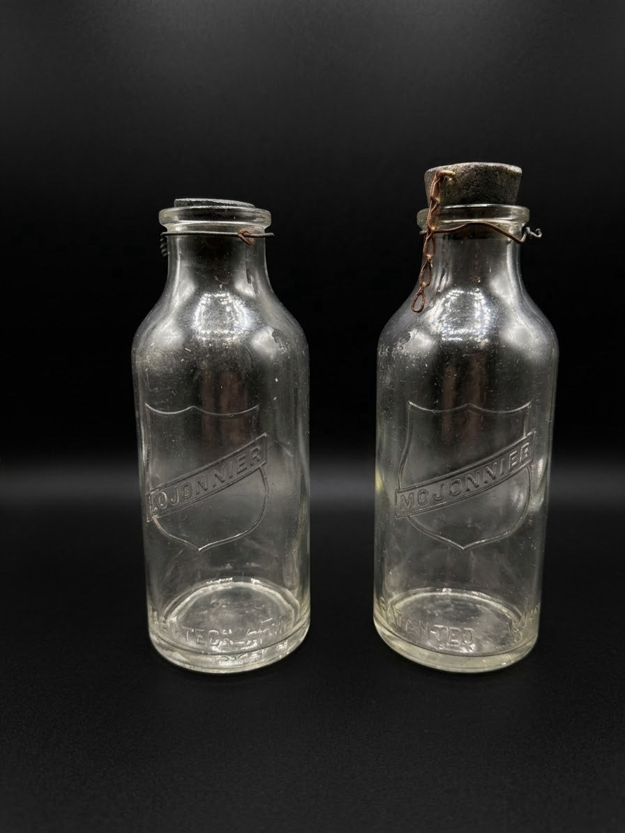 Pair Vintage Mojonnier Embossed Glass Milk Bottles Patented 1921 With Stoppers