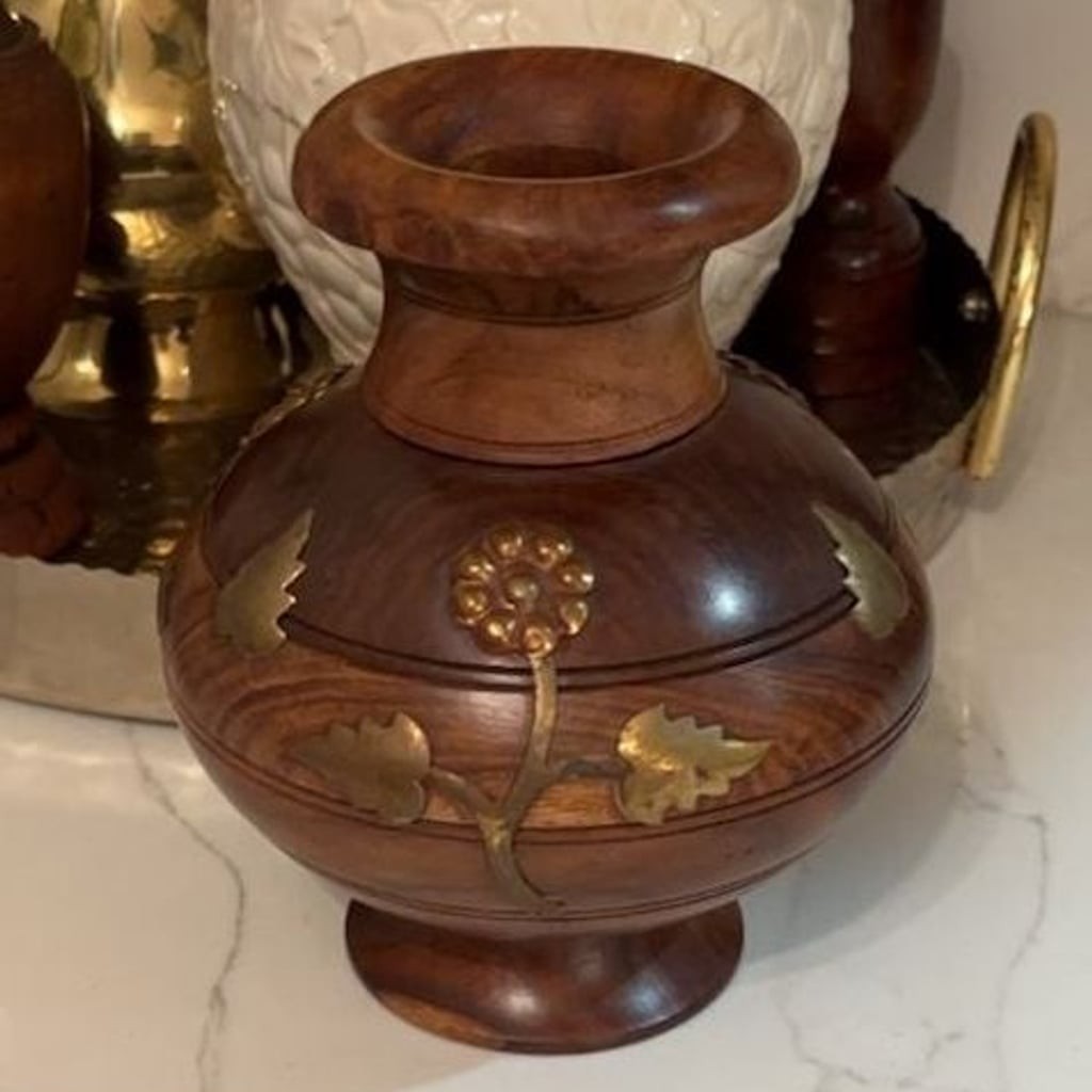 Vintage Handcrafted Wood and Brass Inlay Floral Vase Vintage Handcrafted Wood and Brass Inlay Floral Vase