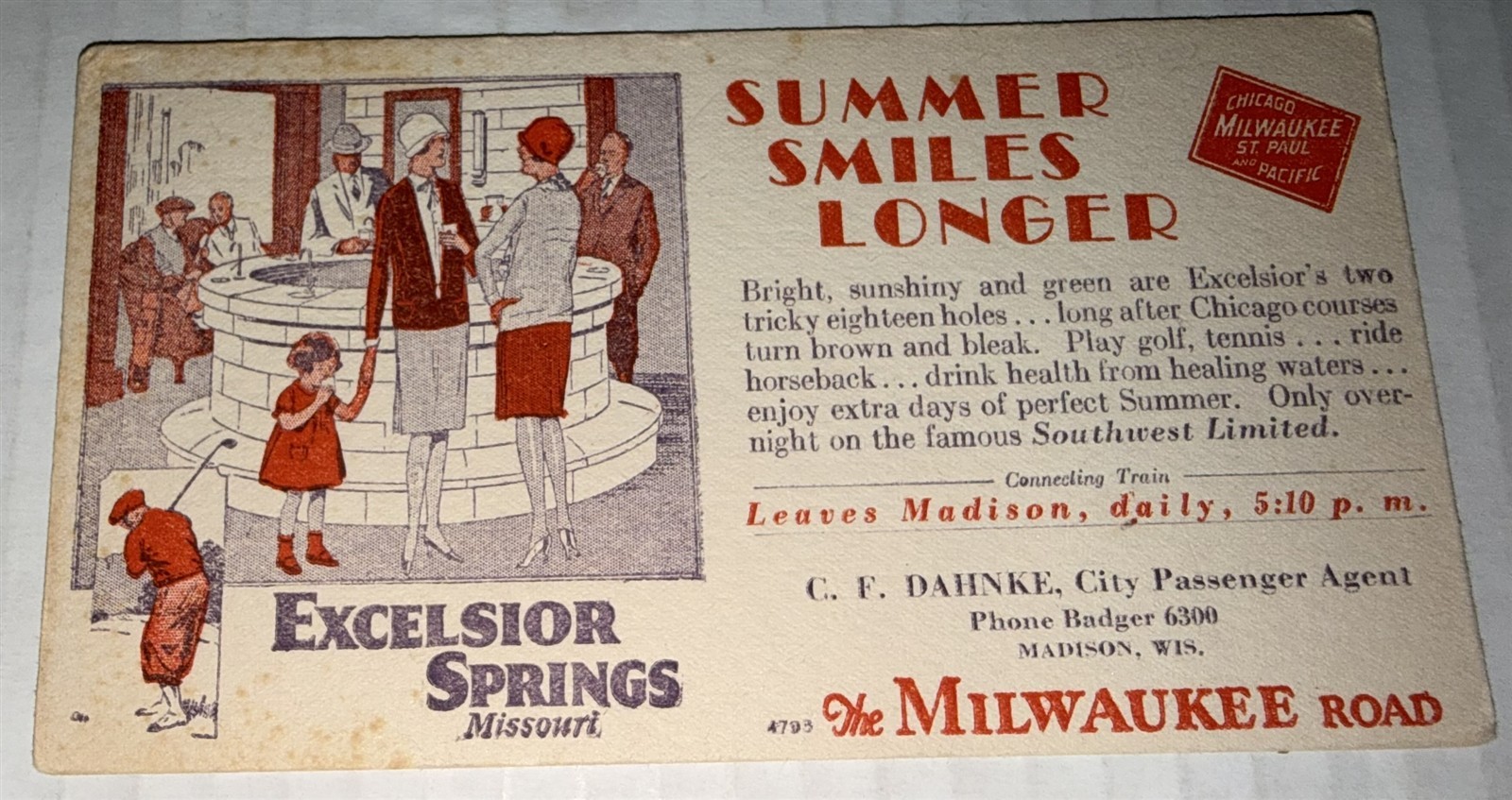 Vintage Milwaukee Road Railroad Excelsior Springs MO Advertising Ink Blotter