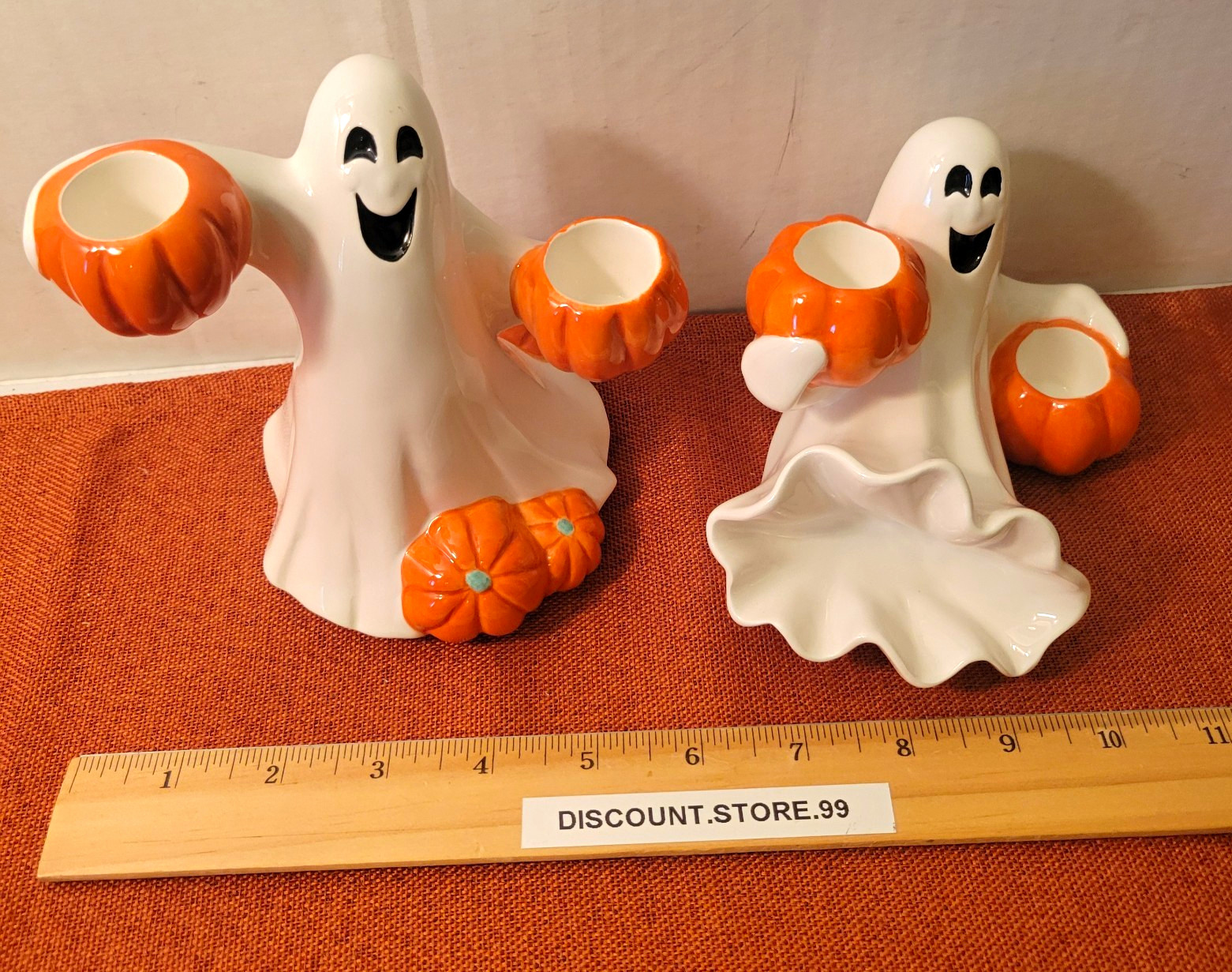 2004 Vintage Fitz & Floyd Halloween Ghost & Pumpkin  Candle Holders New/Open Box