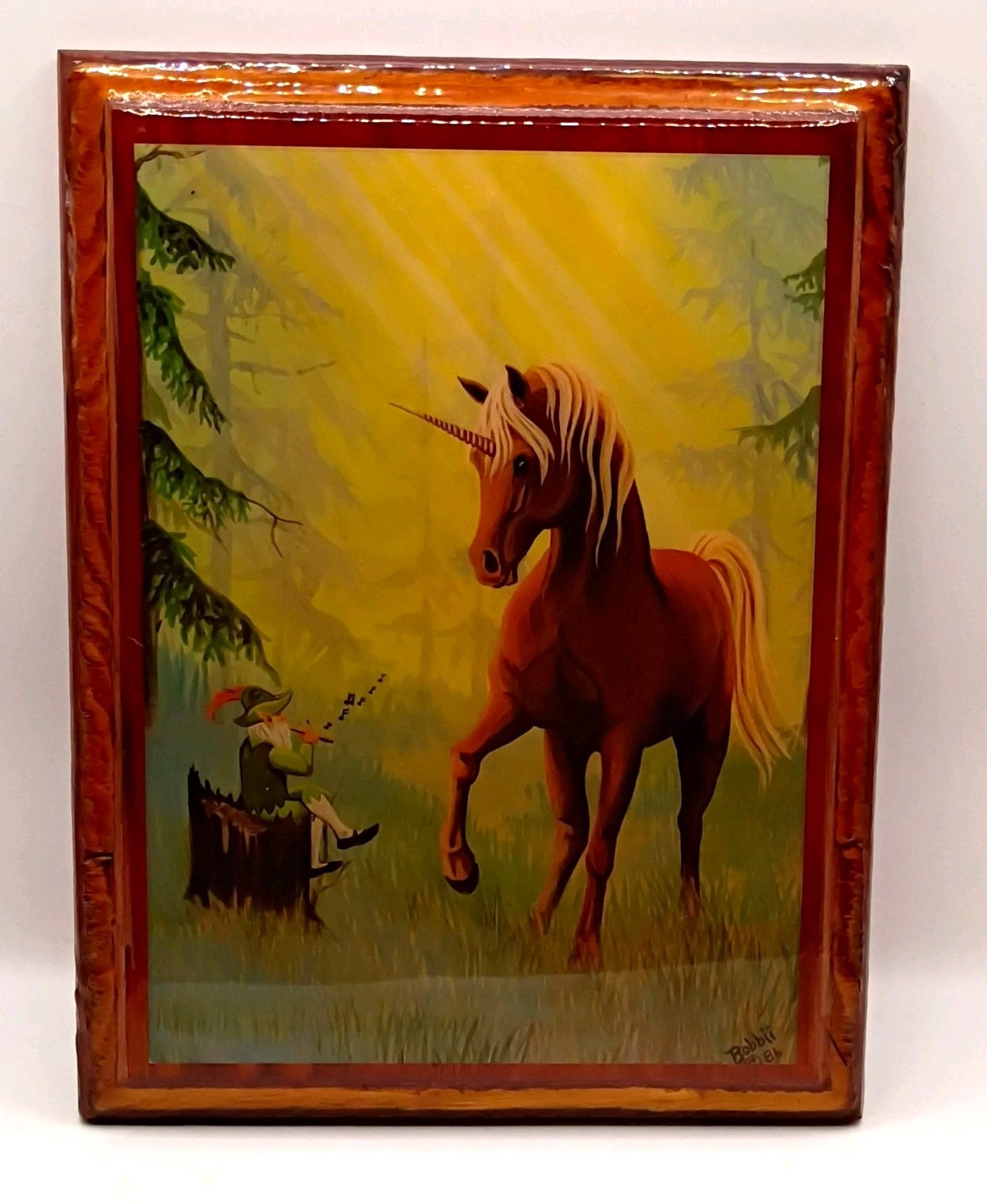 Unicorn and leprechaun vintage 1986 lacquered Wood print by Bobbii