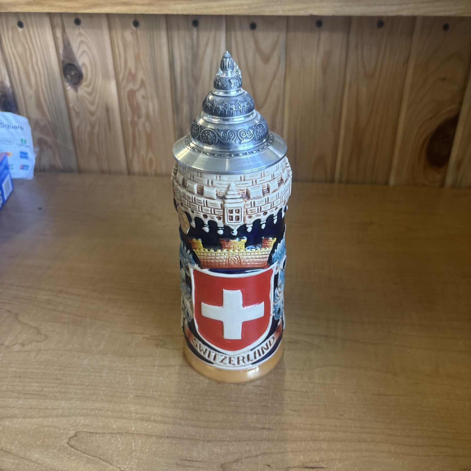 Limited Edition German Beer Stein, Pewter Lid, Switzerland front, With Tags