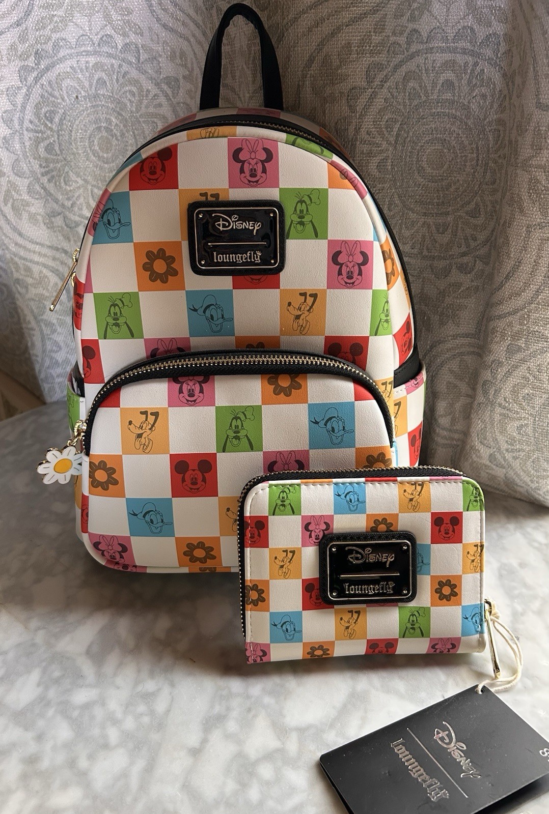 Loungefly Disney Mickey & Friends Checkered Colorful Mini Backpack & Wallet NWT