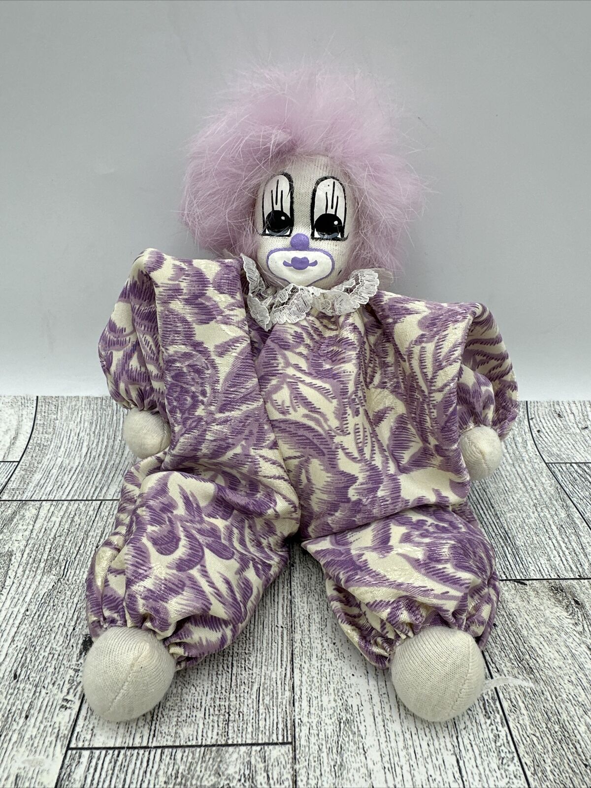 Vintage Q-Tee Clown Doll Figure Purple Floral 8 Inches Long Light Hair