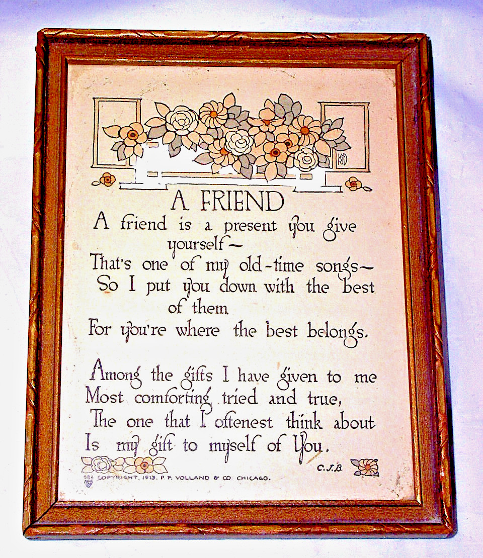 P.F. Volland 1913 Motto Print A Friend Poem Carrie Jacobs-Bond - KSD Illustrator
