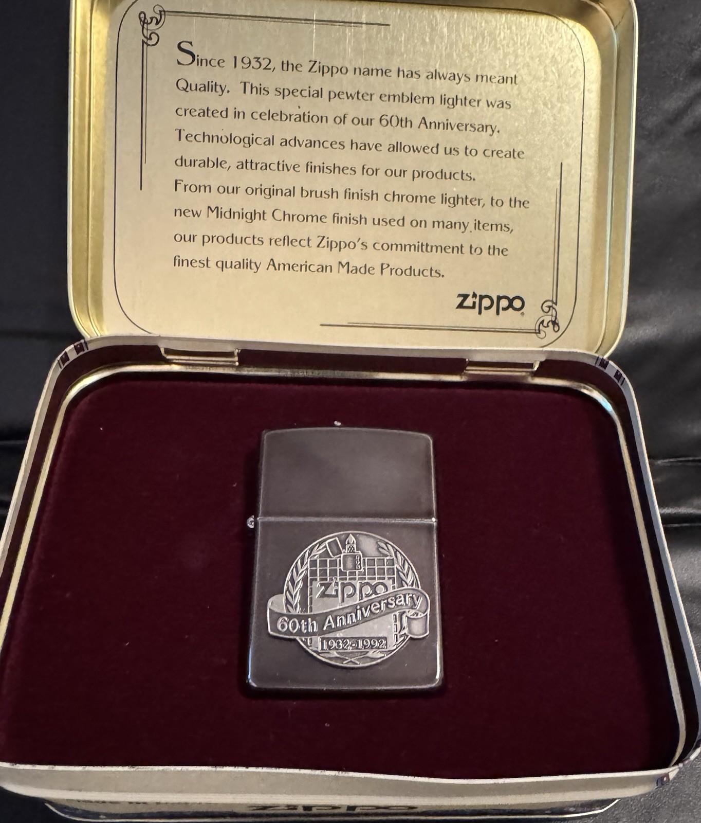 ZIPPO 60TH ANNIVERSARY 1932-1992 LIGHTER WITH TIN & BOX NOS UNFIRED USA
