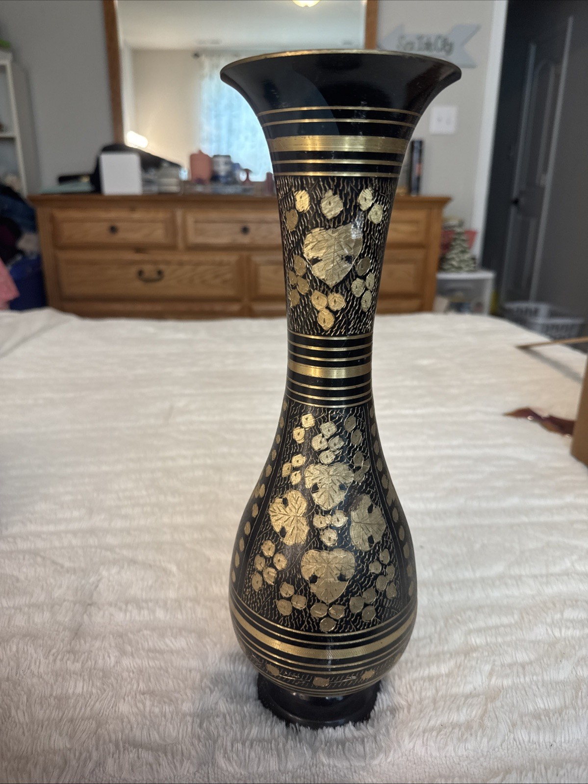 1970s Vintage Solid Brass Black Painted Etched Leaf Design Vase, Made in India