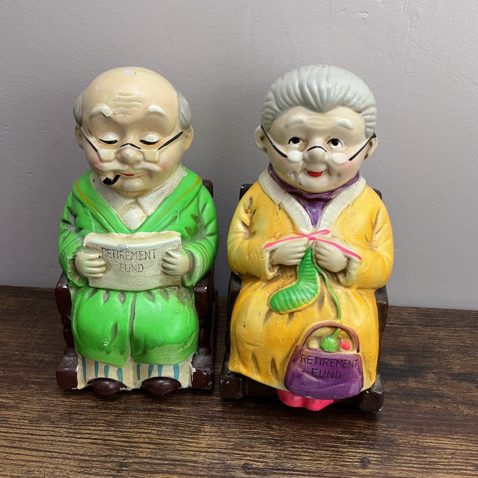 Ceramic Retirement Fund Grandma & Grandpa in Rocking Chairs Coin Banks  VTG 7.5”