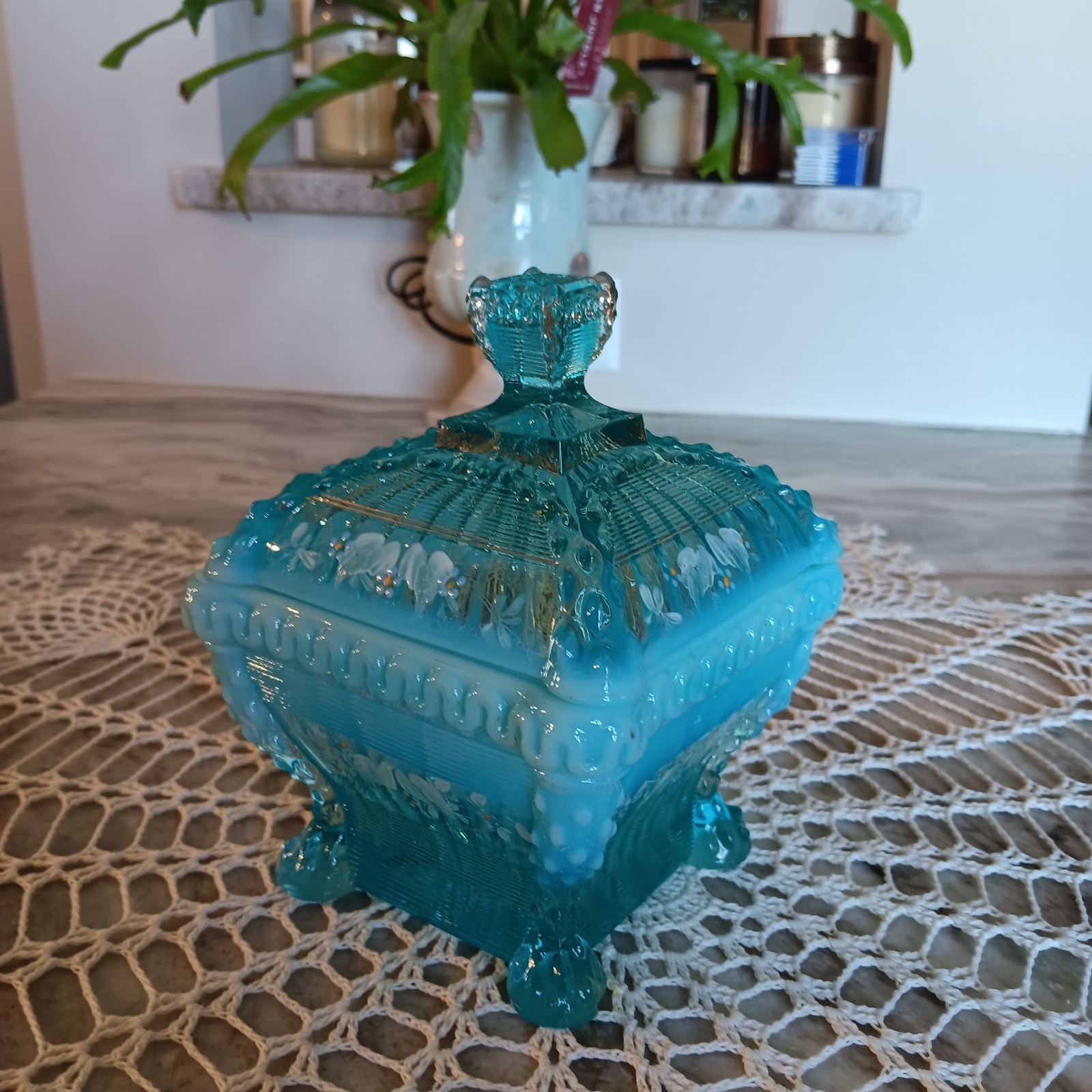 Antique Northwood Blue Opalescent Art Glass Candy/Sugar Bowl With Lid - Alaska