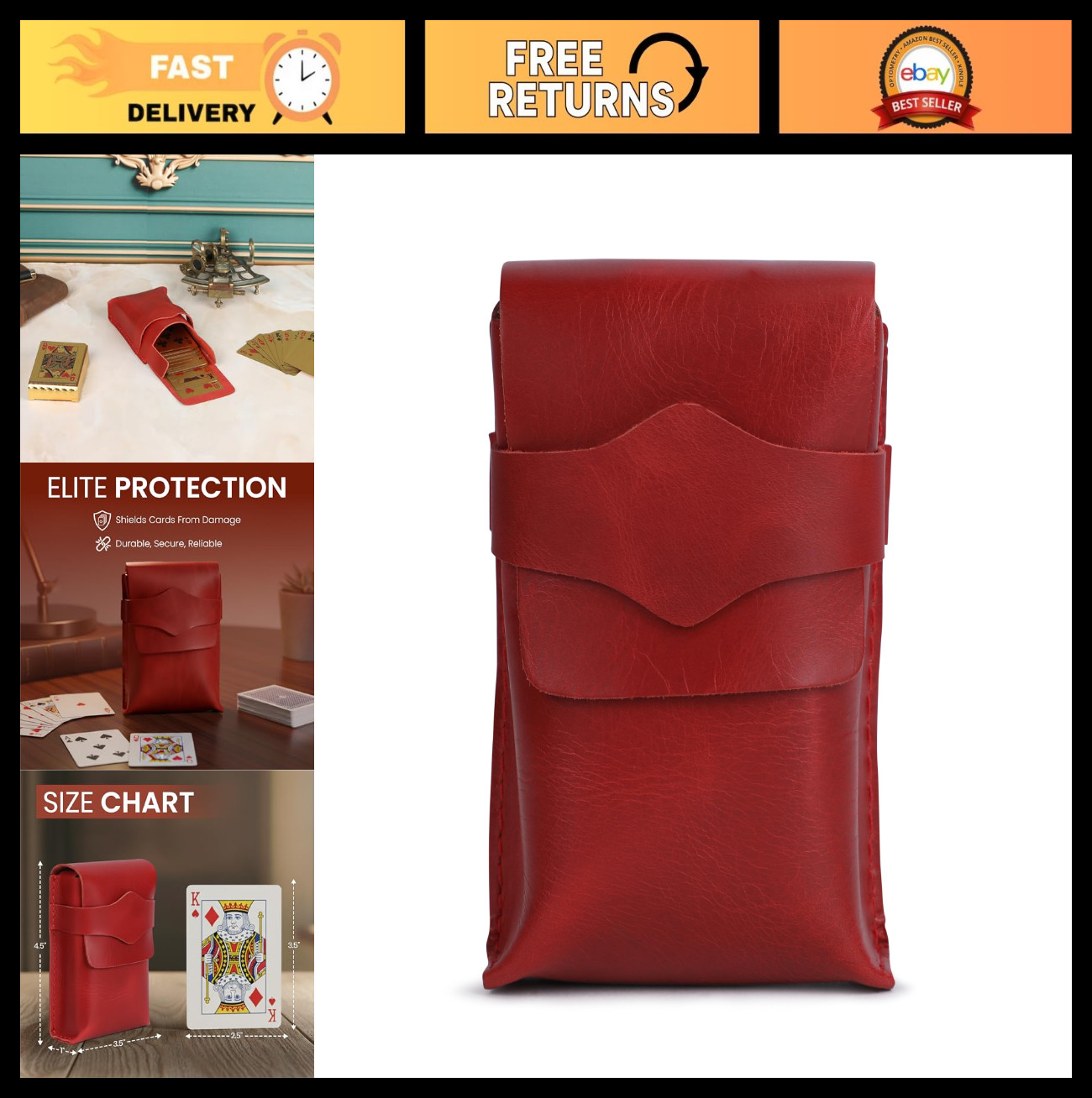Handmade Red Leather Playing Card Case - Full-Grain Storage Box for Poker & Brid