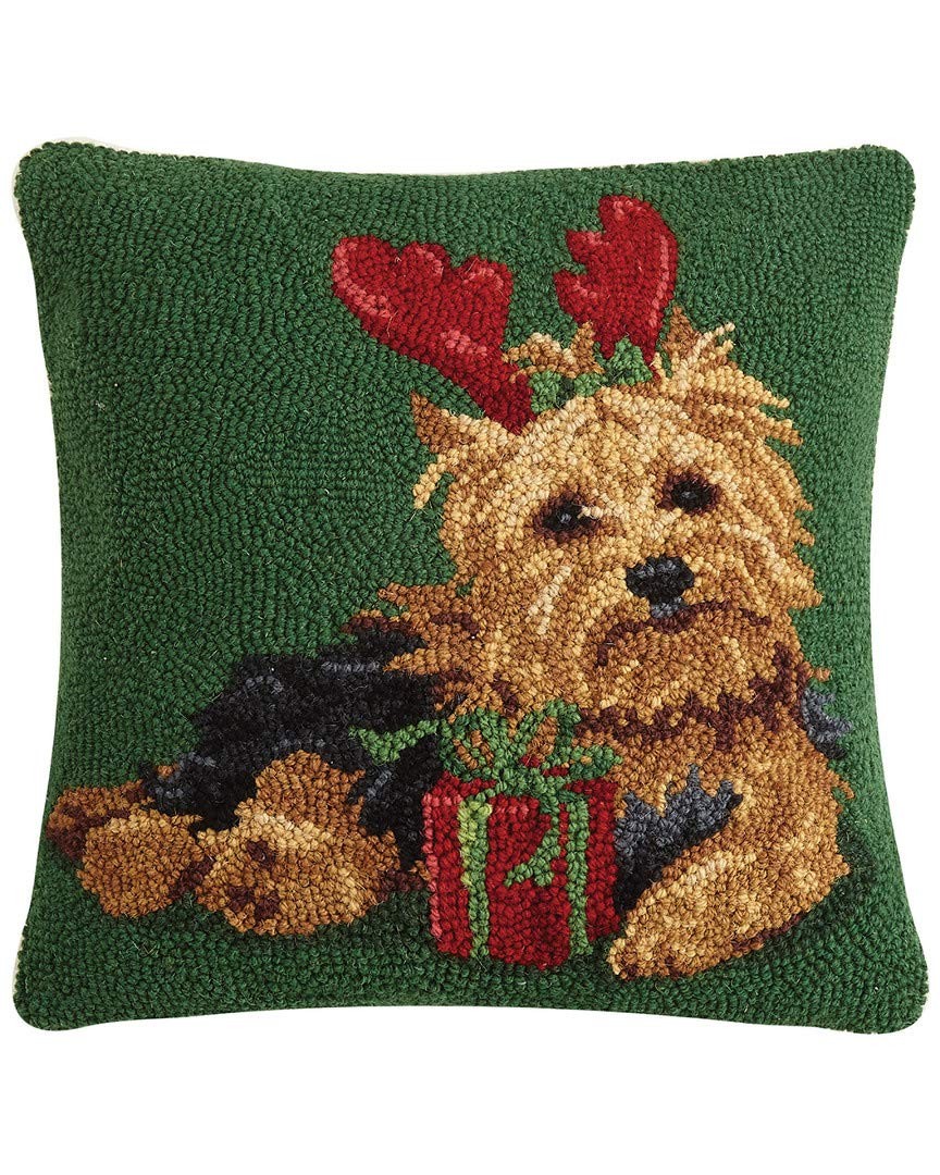 Peking Handicraft Christmas Yorkshire Terrier Hook Wool Pillow, Green
