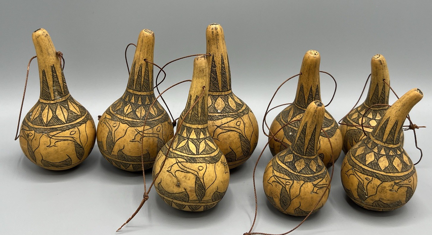 8 Vintage Hand Carved African Calabash gourd ornaments. 6 Elephants, 2 Rhinos 8 Vintage Hand Carved African Calabash gourd ornaments. 6 Elephants, 2 Rhinos