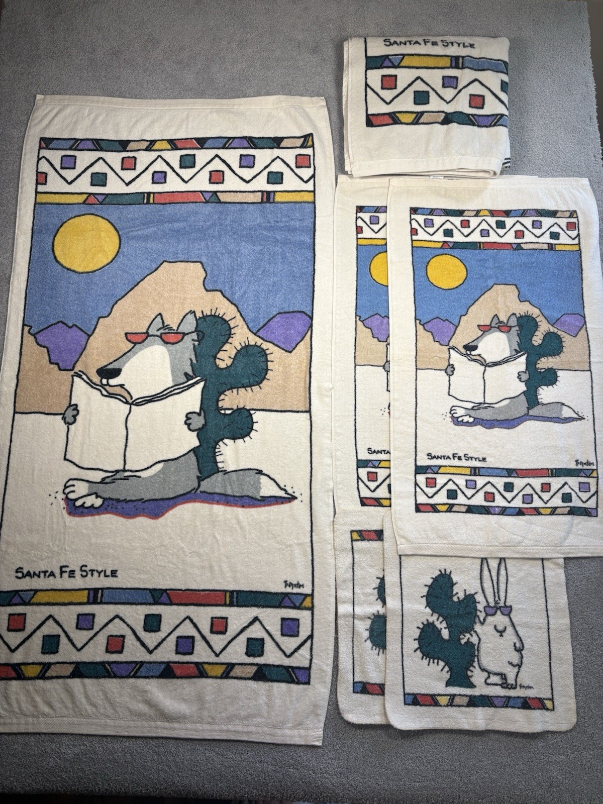 Martex 1980s Sandra Boynton Towel Set Santa Fe Style Set Of 6 Vintage Rare USA