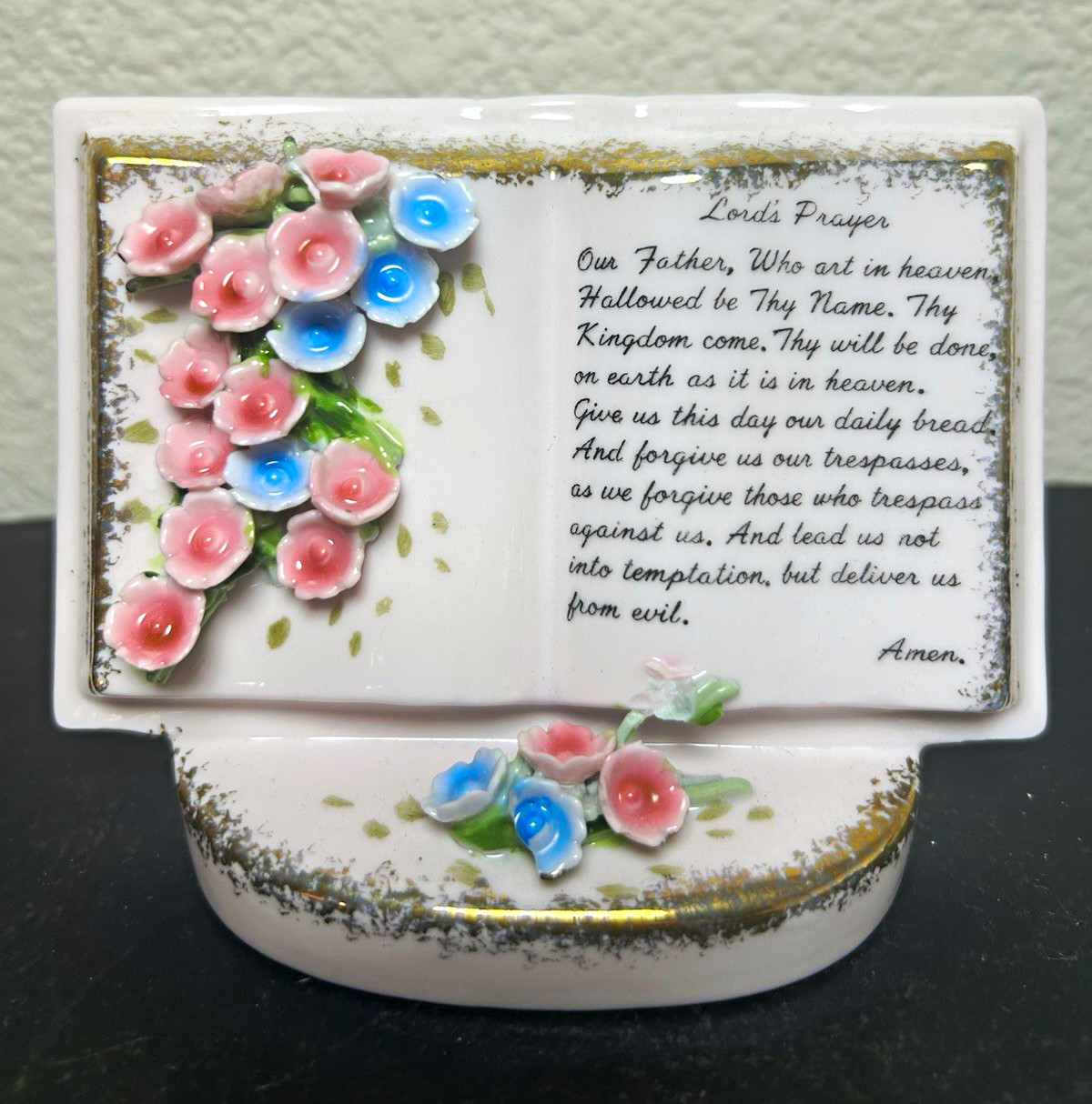 Lefton Vintage Hand Painted Glazed Ceramic Planter Lord's Prayer Floral