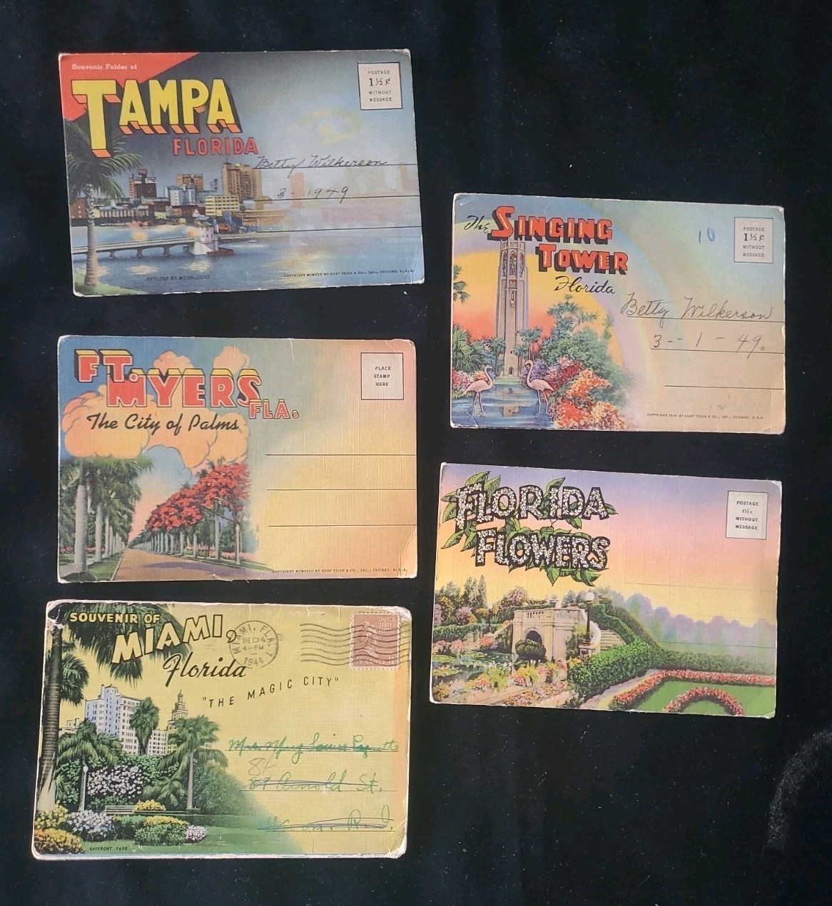 Lot 5 Vintage Souvenir Pictorial Fold-Out Postcard Mailers FLORIDA Miami Flowers