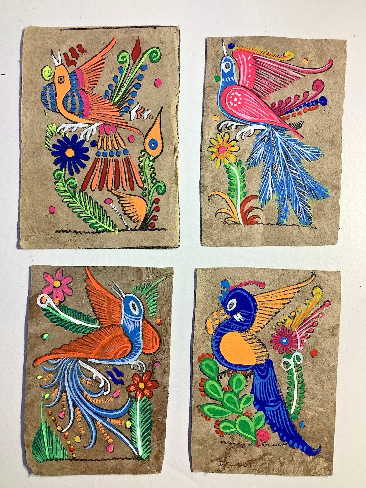 Mexican Amate Bark Folk Art Handmade Painting - Birds - Four Paintings - 4 x 6