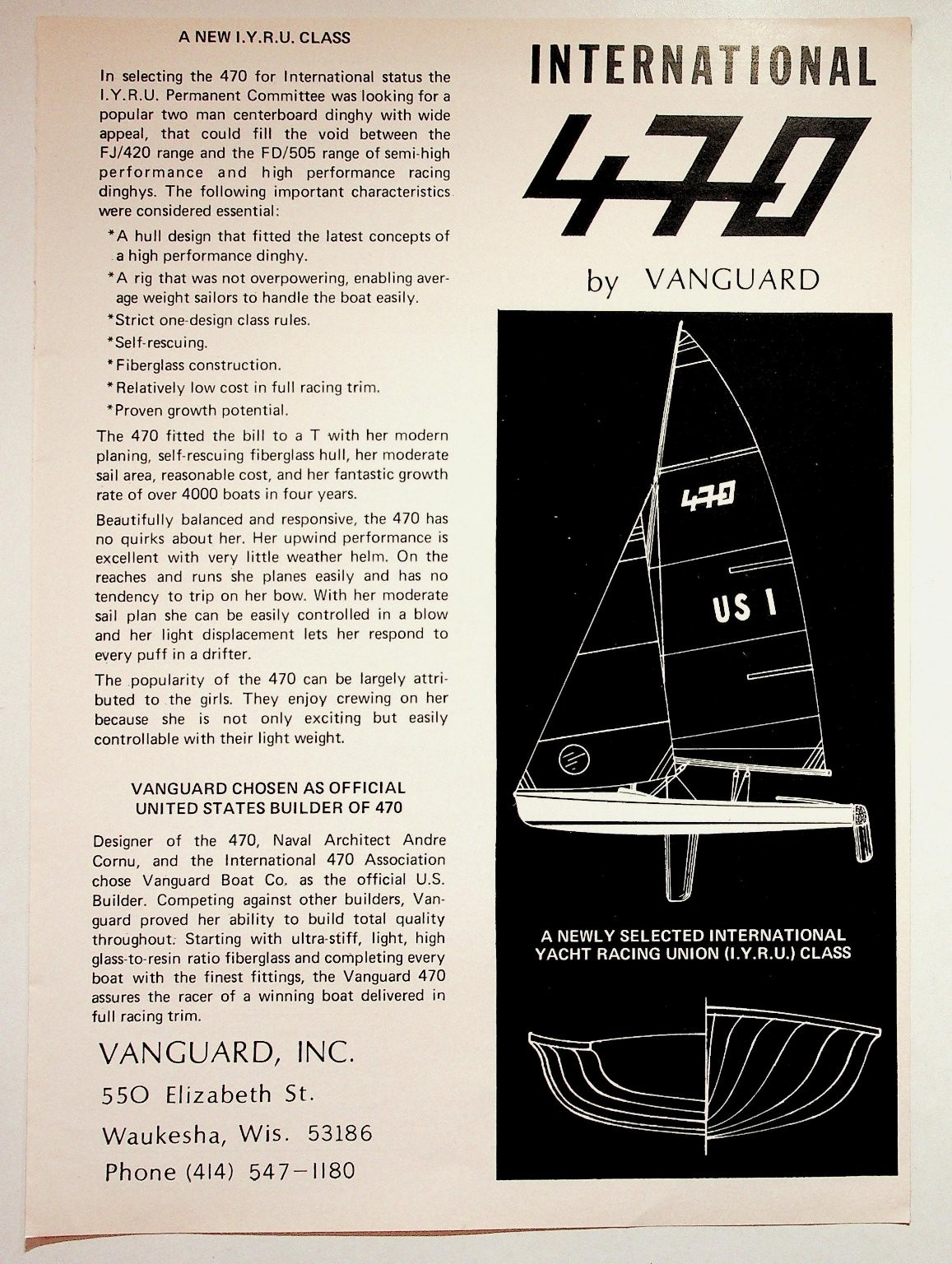 Vanguard International 470 Sailboat Vintage 1960s-70s Magazine Print Ad