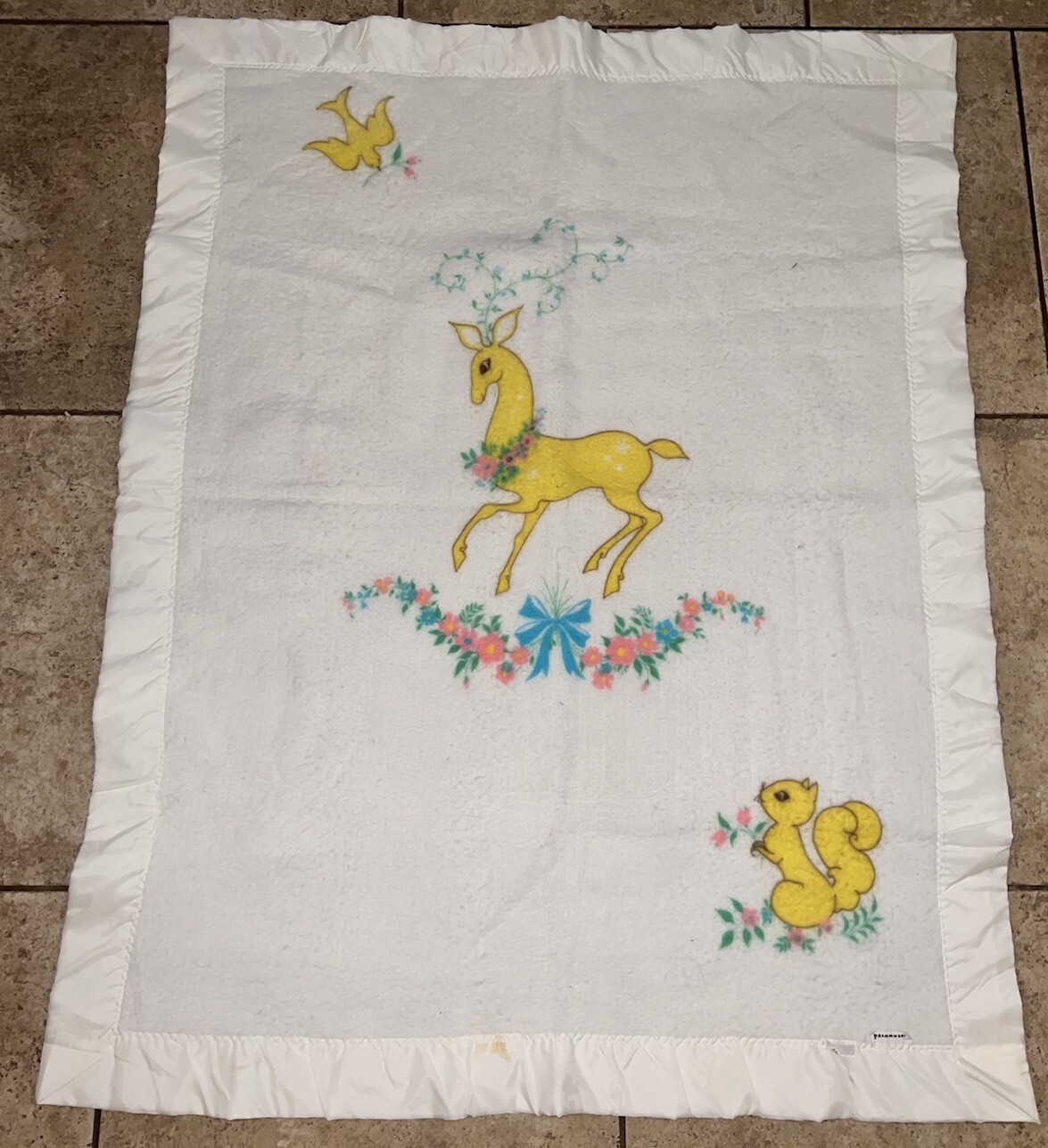 Vintage 60s Deer Bird Squirrel Flowers Yellow Baby Blanket Penney’s