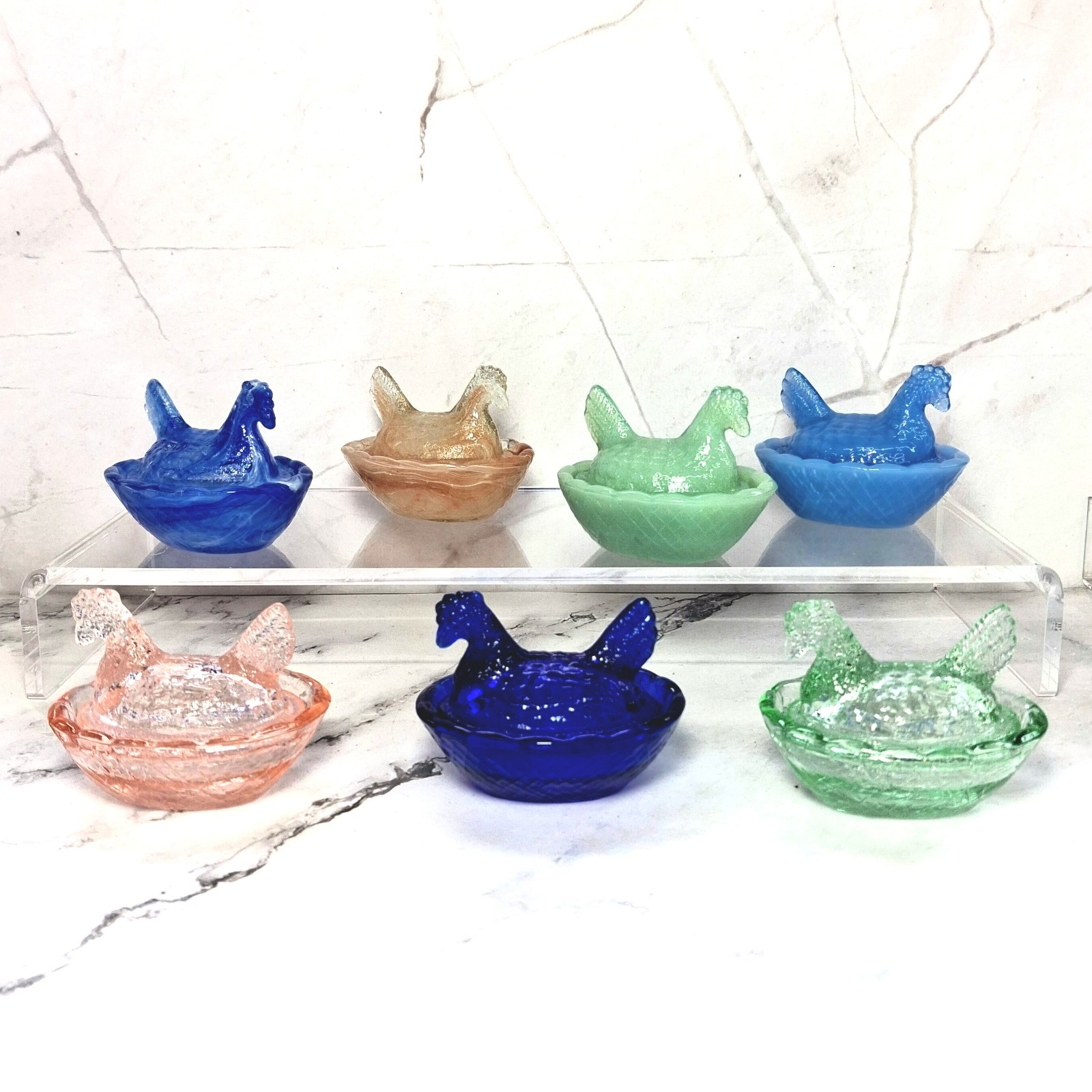 7 Mini Hen on Nest Chicken Salt Dish Set - Jadeite, Cobalt, Pink, Green, Swirls