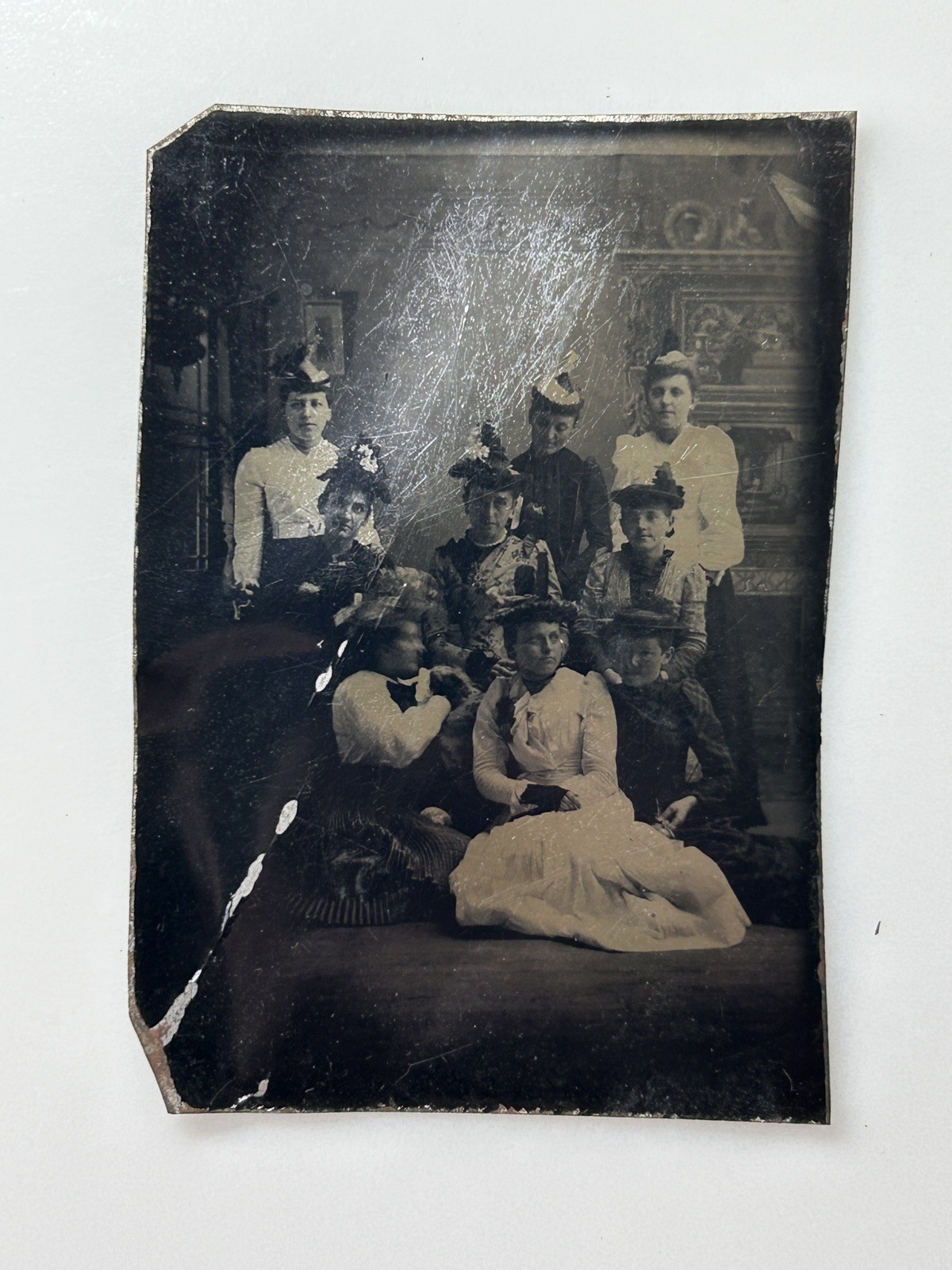Antique 1800s Tintype Photo Group 9 Women Victorian Dresses Hats 1/6 Plate