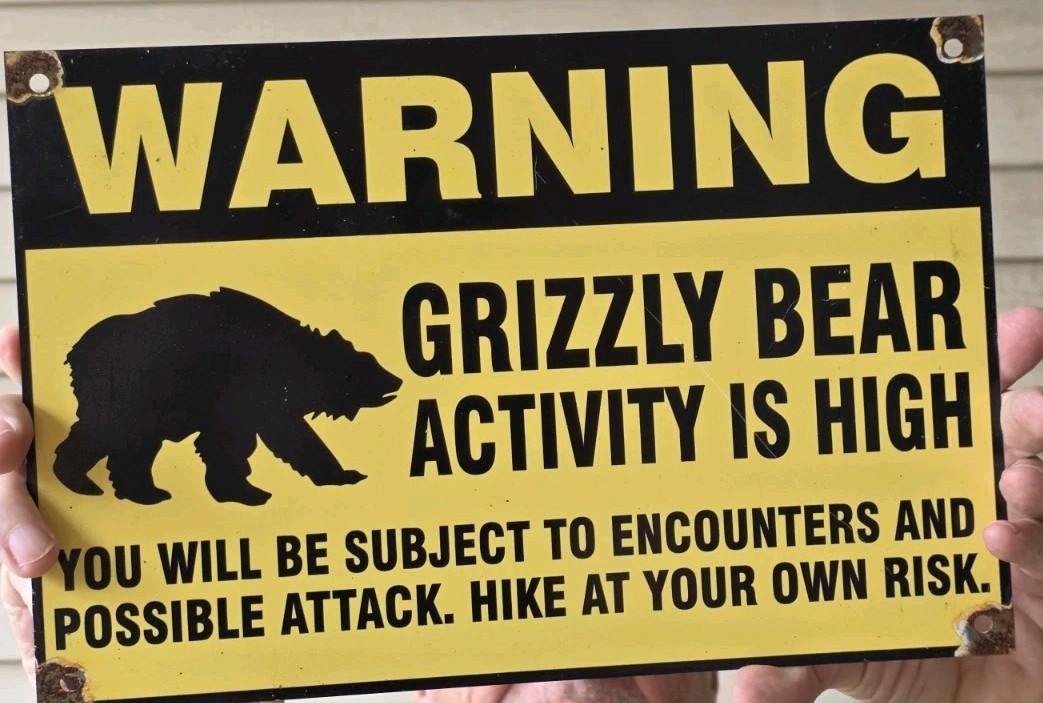 VINTAGE 1960'S WARNING GRIZZLY BEAR PORCELAIN SIGN 12