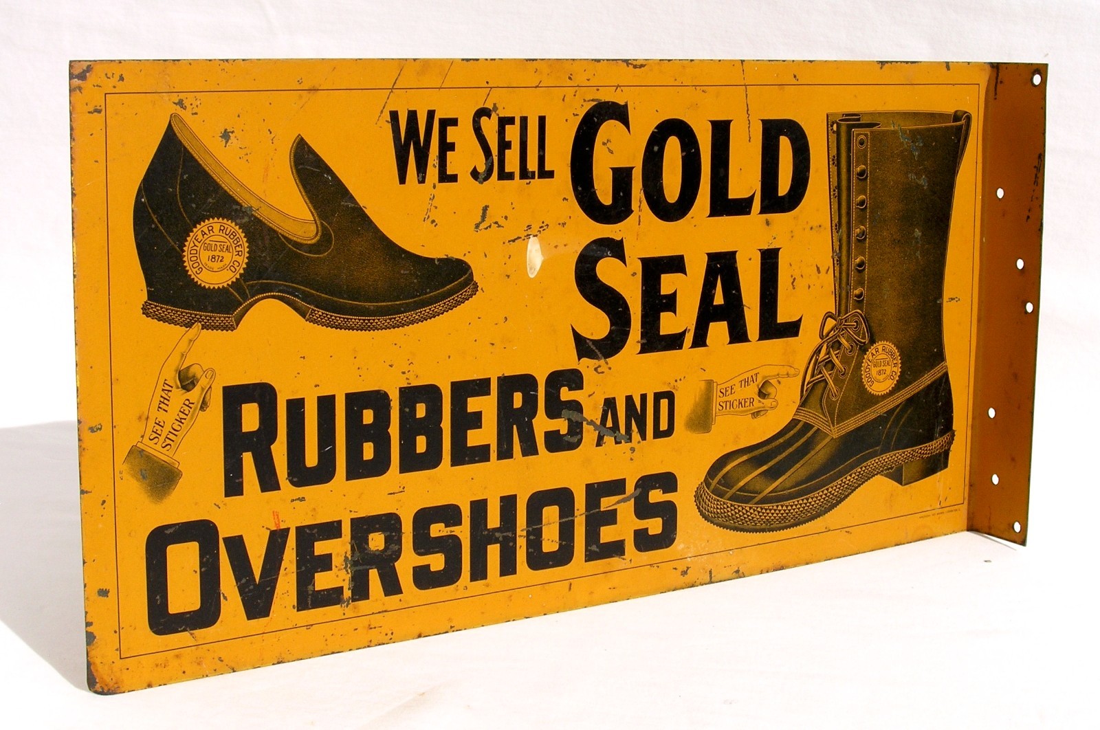 Antique Goodyear Rubber Gold Seal Rubbers & Overshoes Shoe Advertising Tin Sign Antique Goodyear Rubber Gold Seal Rubbers & Overshoes Shoe Advertising Tin Sign