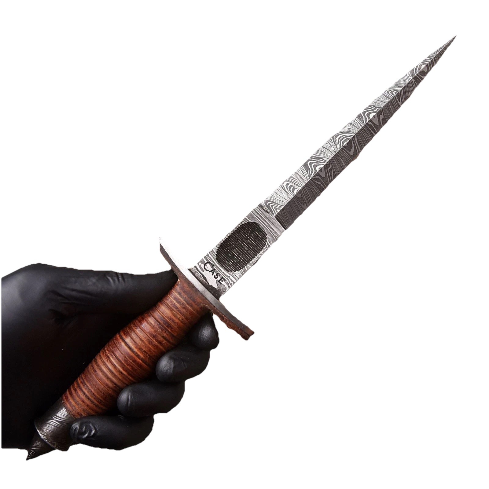 Custom Made Damascus Steel Double Edge Blade Dagger knife Leather Stacked Knife
