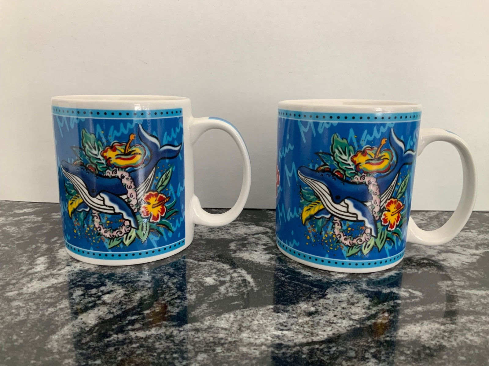 Hawaii Hilo Hattie Coffee Mugs Lot of 2 Maui WHALES & Flowers Heritage EUC