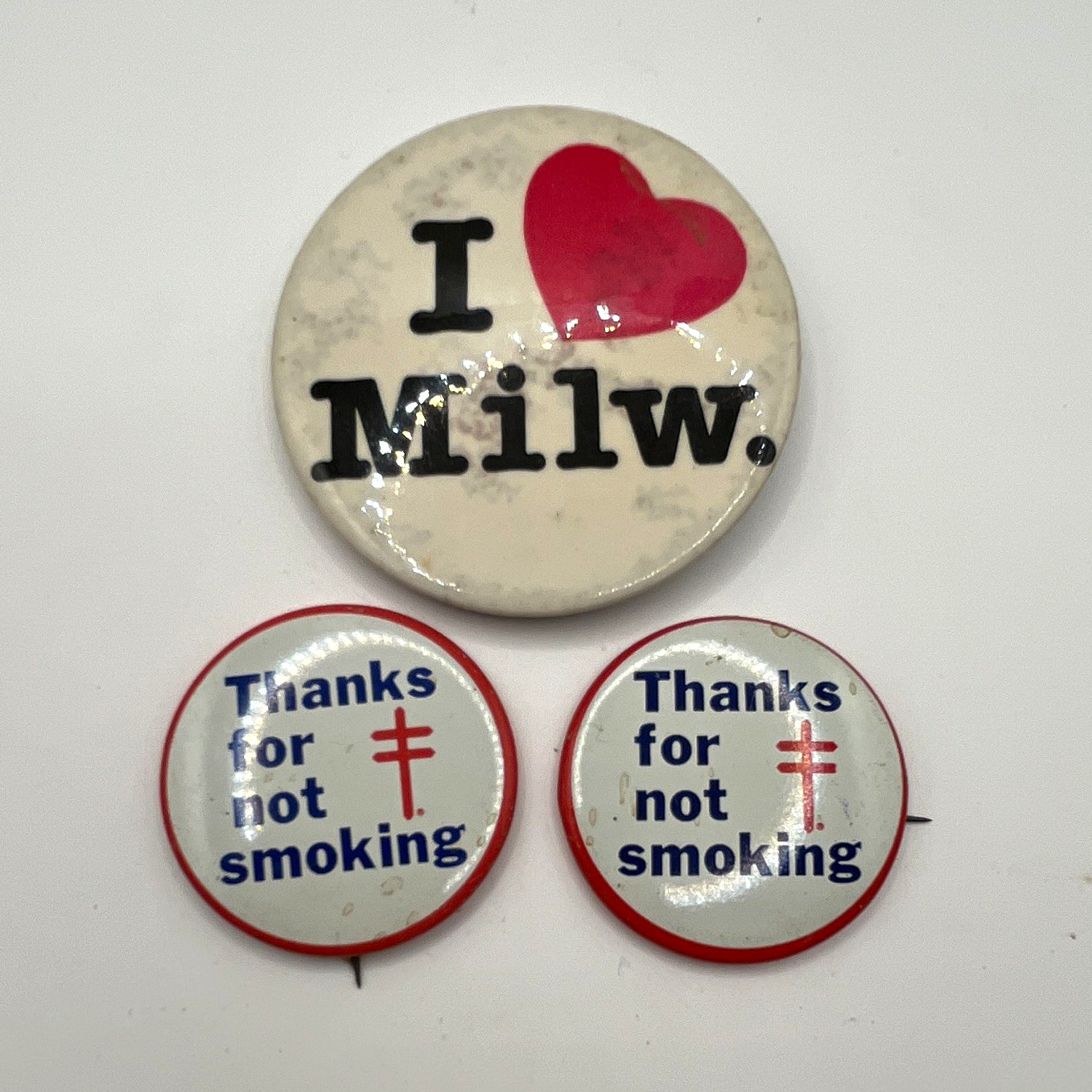 Lot of 3 Slogan Pinback Buttons: I Love Milw. + 2 Thanks for Not Smoking