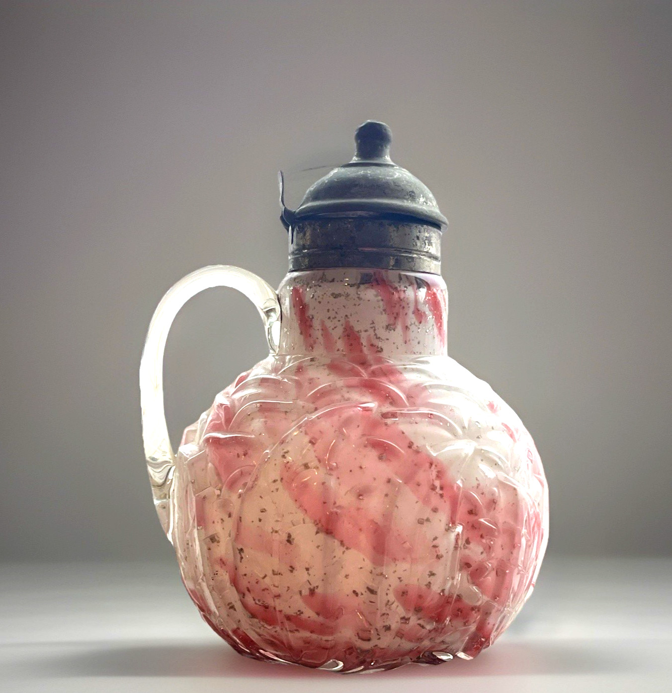 ANTIQUE NORTHWOOD LEAF MOLD SYRUP PITCHER CRANBERRY SPLATTER RARE (1D
