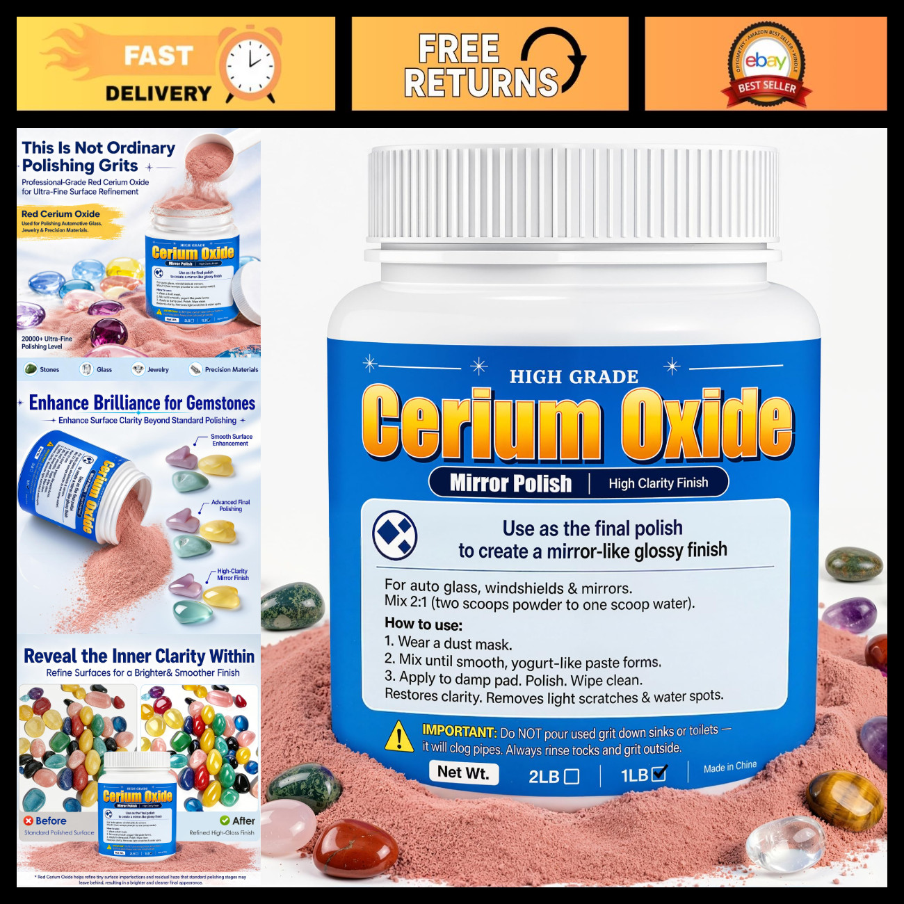 Ultra-Fine Red Cerium Oxide Polish for Rock Tumbling, Final Polishing Grit 1 lb