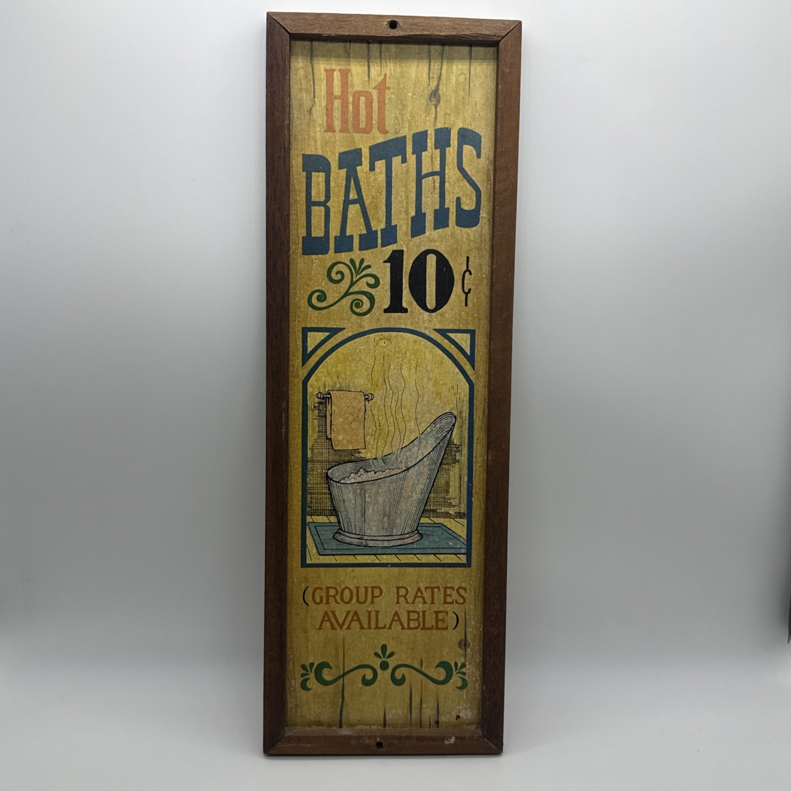 Vintage 1973 Wallace Berrie Hot Baths 10 Cent Wood Wall Plaque Sign 70s