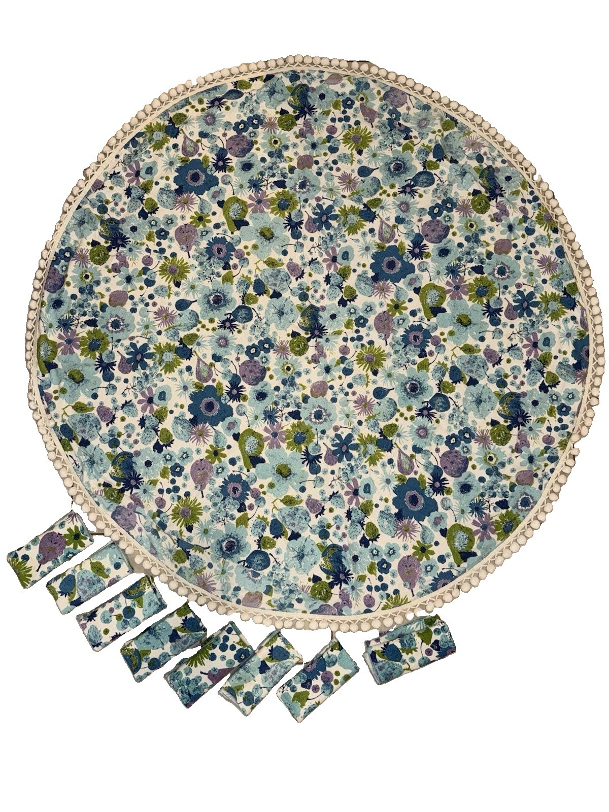 Vintage 1970s Round Table Cloth &D Matching Napkins Set Flower Power & Fruit MCM