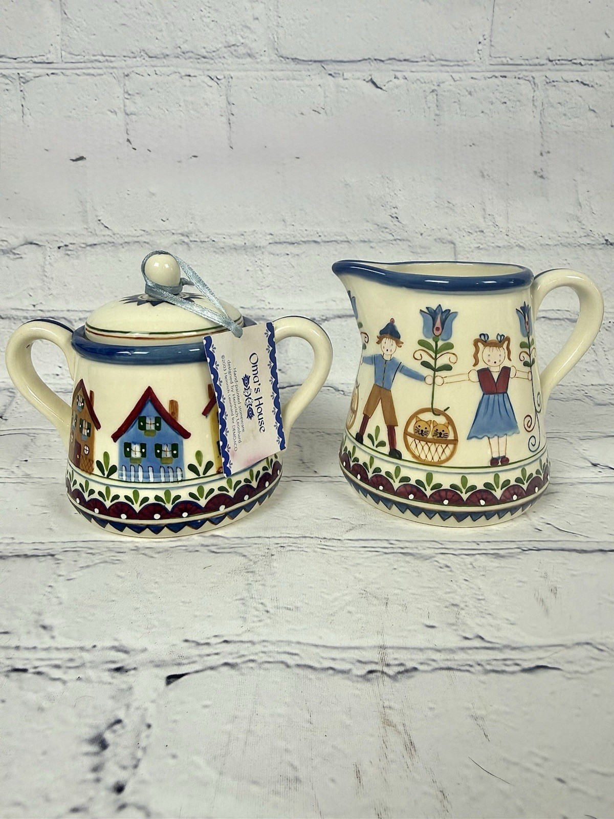 Cream Sugar Set Oma\'s House 2003 DEMDACO Heinrich Leonhard VTG Handpainted