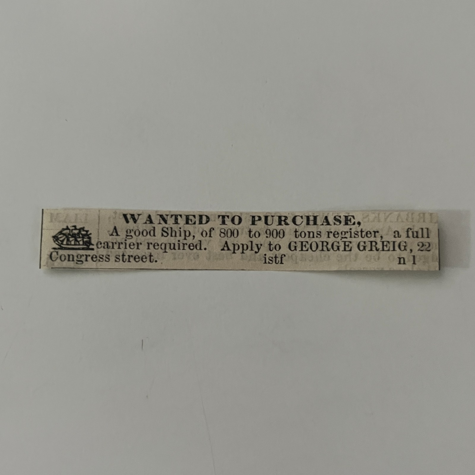 George Greig Wanted to Purchase 1860 Boston Clipping TAJ7-S42