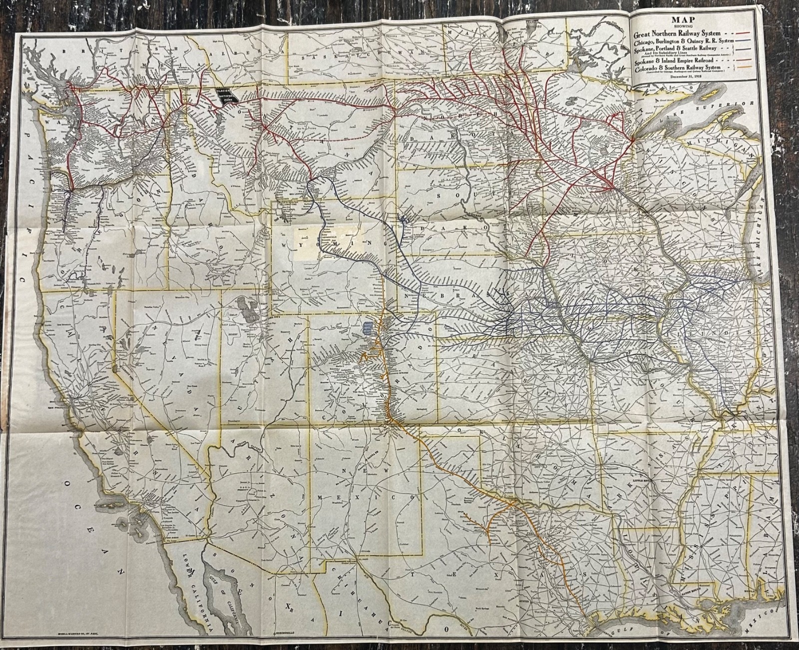 1918 GREAT NORTHERN RAILROAD MAP GLACIER NATIONAL PARK Chicago Spokane Colorado