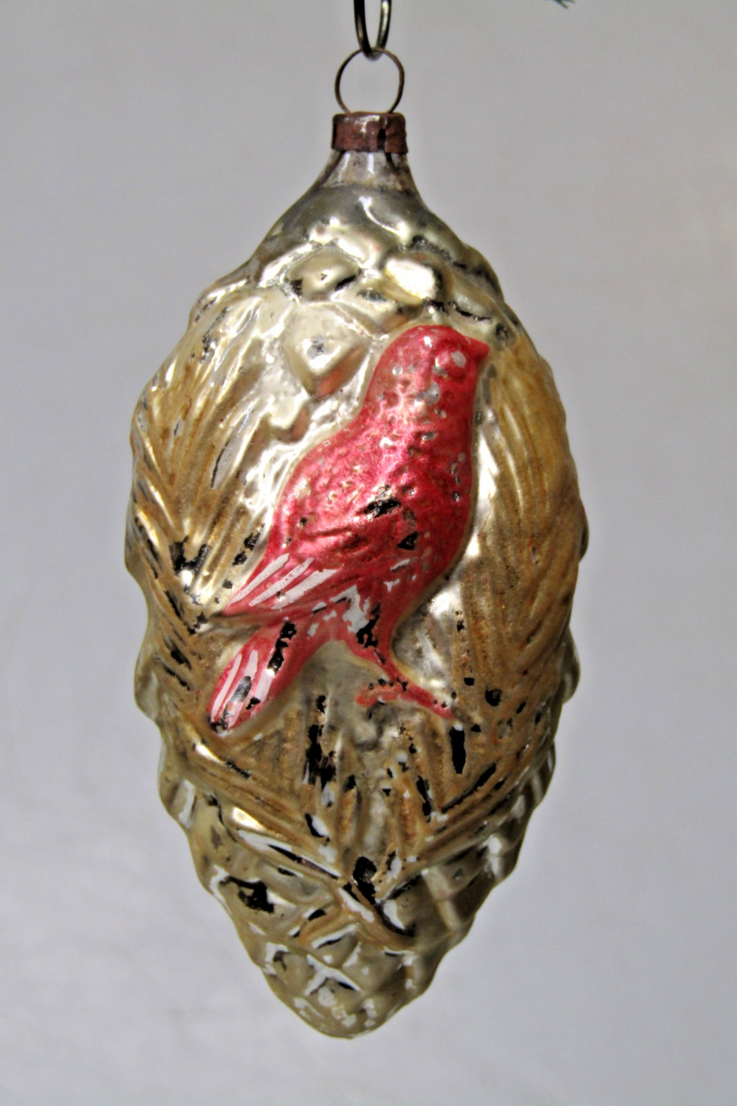 Antique Vintage Glass Embossed Red BIRD on PINECONE Christmas Ornament Germany